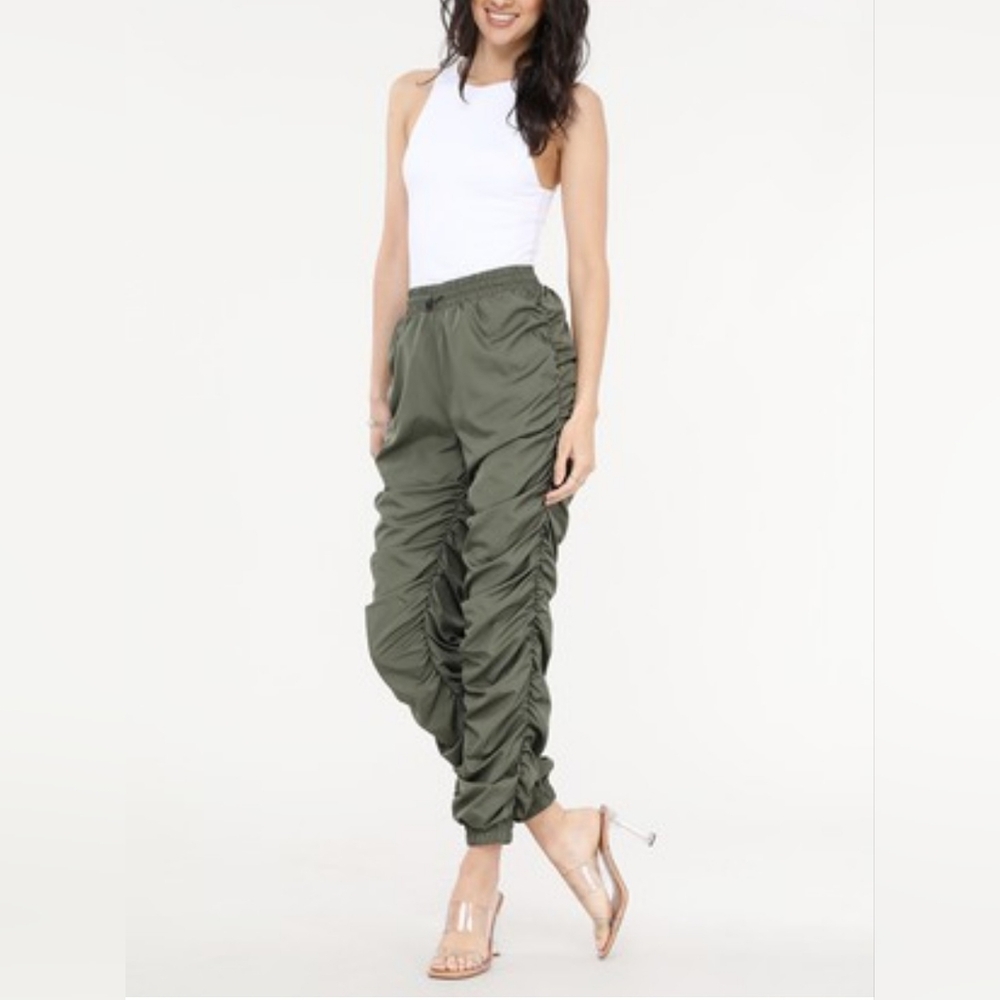 Labijou Olive Green Elastic Waist Joggers with Water-Resistant Fabric Size M